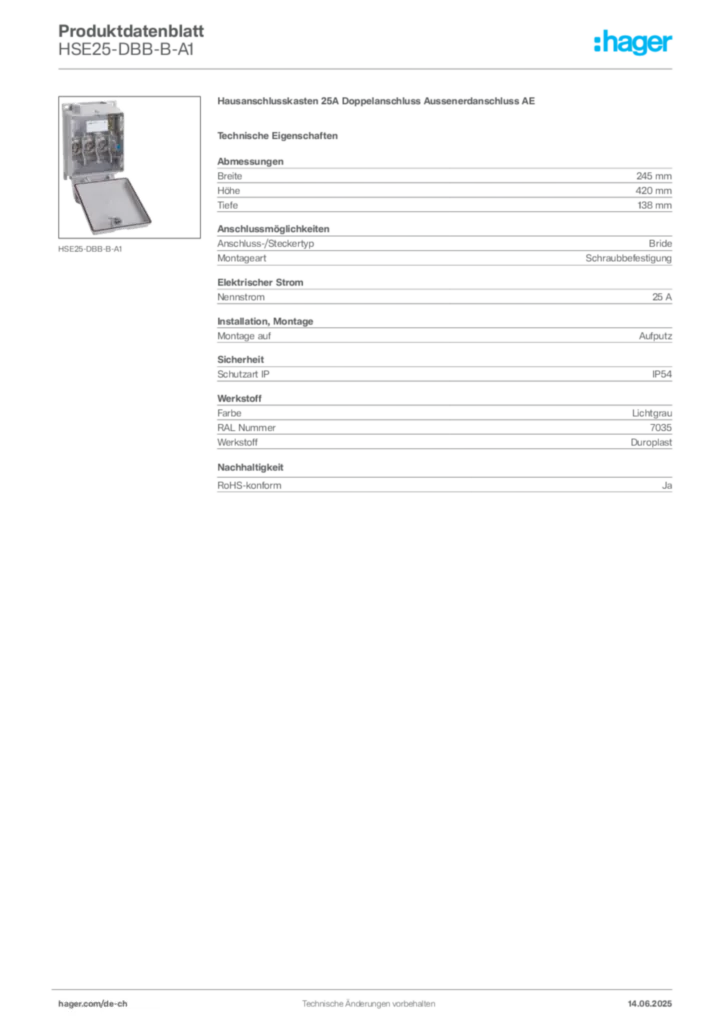 Bild Hager Produktdatenblatt HSE25-DBB-B-A1 | Hager Schweiz