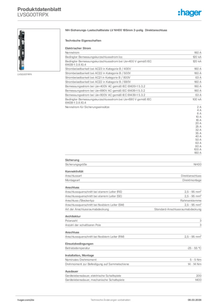 Bild Hager Produktdatenblatt LVSG00TRPX | Hager Deutschland