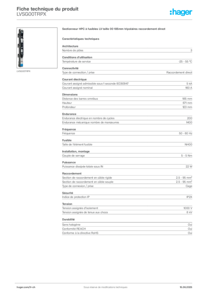 Image Hager Fiche technique du produit LVSG00TRPX | Hager Suisse