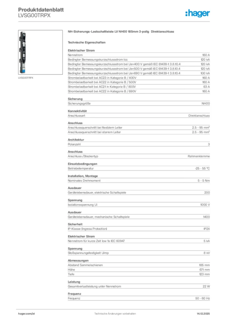 Bild Hager Produktdatenblatt LVSG00TRPX | Hager Deutschland