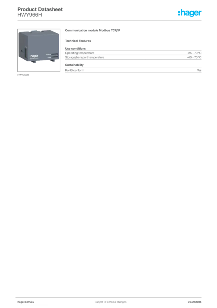 Image Hager Product data sheet HWY966H  | Hager Australia