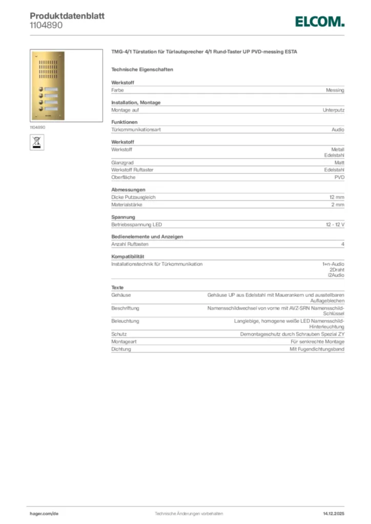 Bild Elcom Produktdatenblatt 1104890 | Hager Deutschland