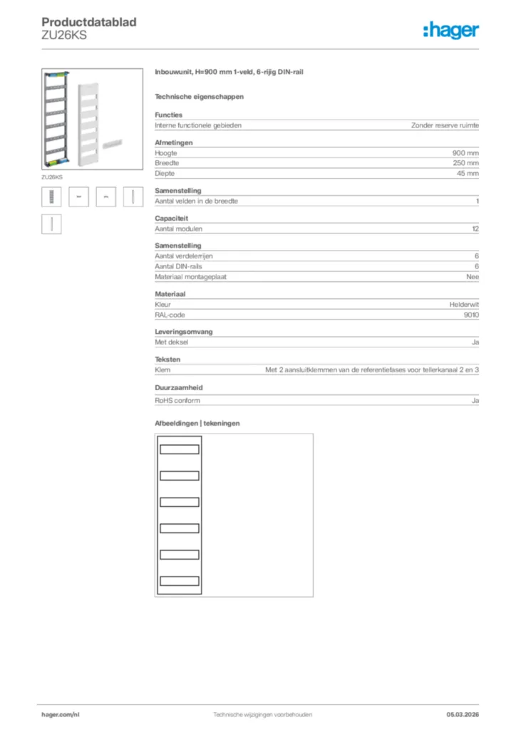 Afbeelding Hager Productdatablad ZU26KS | Hager Nederland