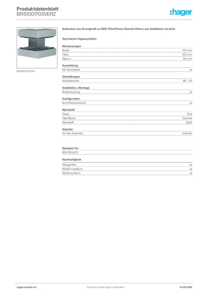 Bild Hager Produktdatenblatt BRS1001703VERZ | Hager Schweiz