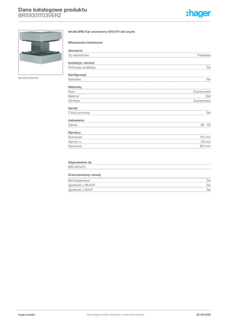 Zdjęcie Hager Karta katalogowa BRS1001703VERZ | Hager Polska