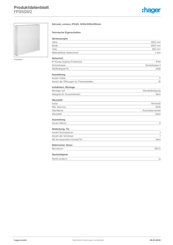 Bild Hager Produktdatenblatt FP85SW2 | Hager Deutschland