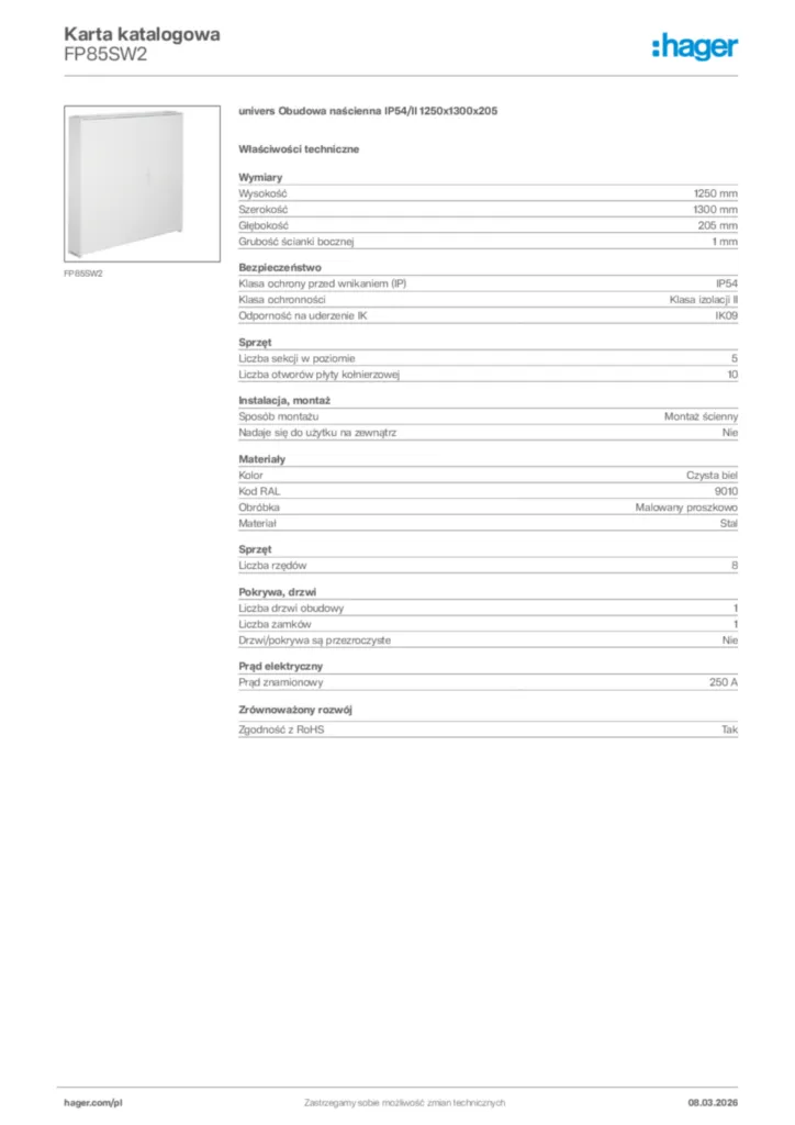 Zdjęcie Hager Karta katalogowa FP85SW2 | Hager Polska