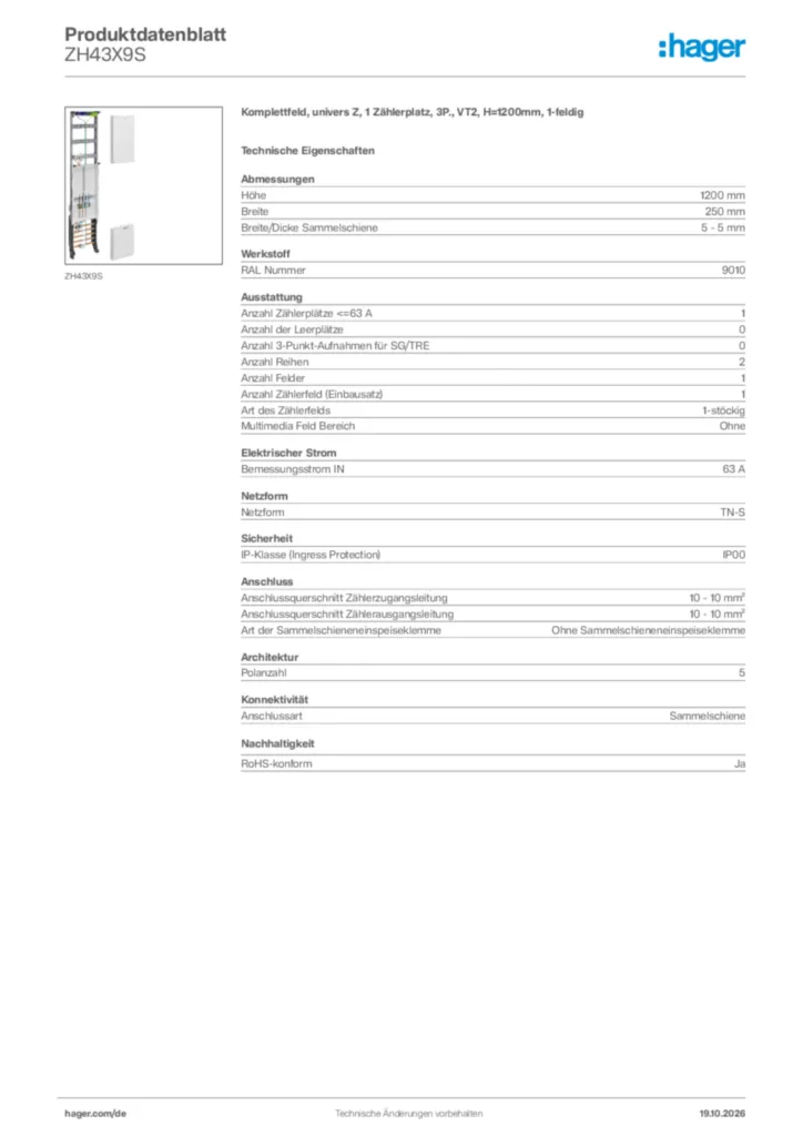 Bild Hager Produktdatenblatt ZH43X9S | Hager Deutschland
