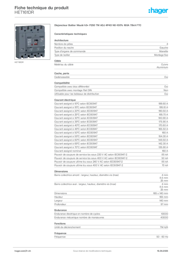 Image Hager Fiche technique du produit HET161DR | Hager Suisse