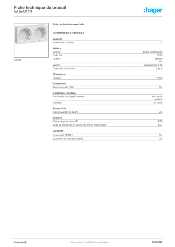 Image Hager Fiche technique du produit WJA682B | Hager France