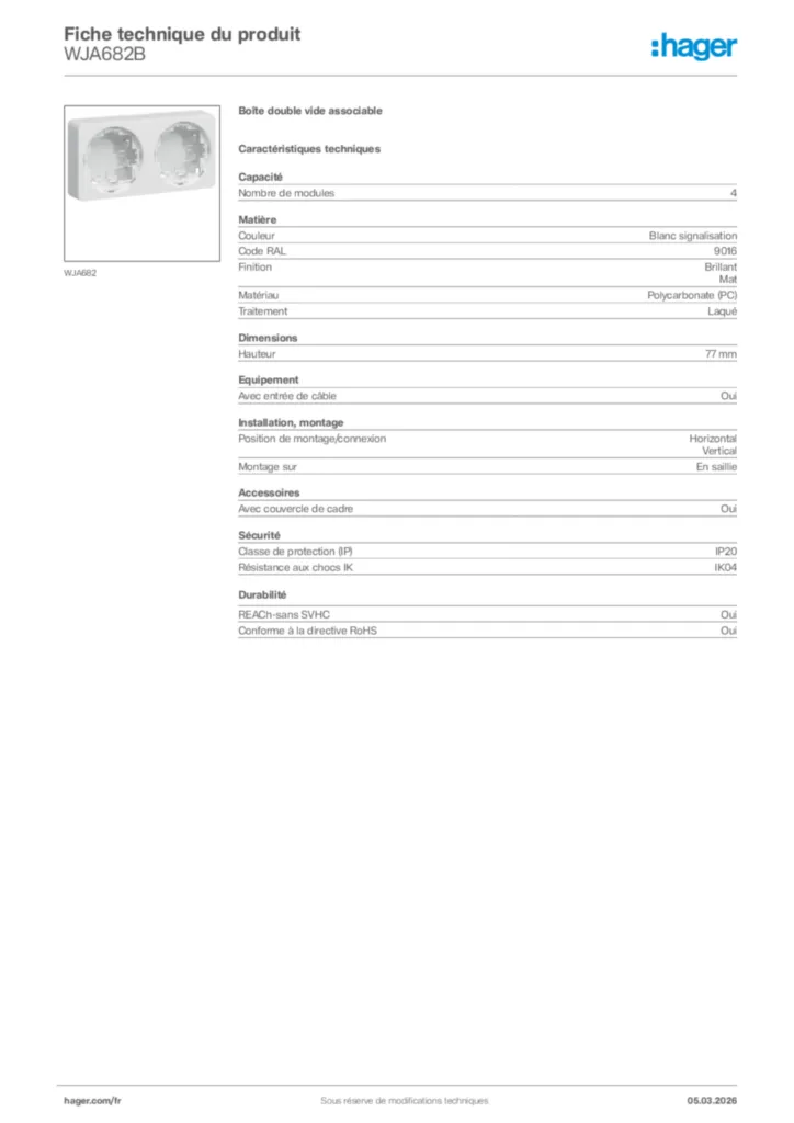 Image Hager Fiche technique du produit WJA682B | Hager France
