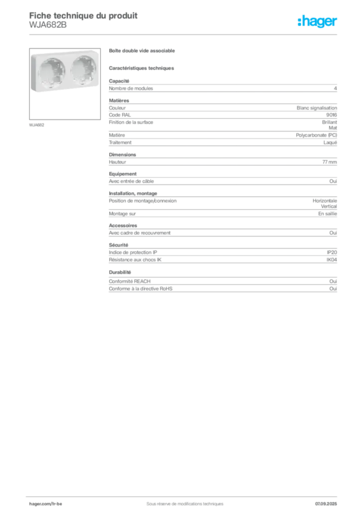 Image Hager Fiche technique du produit WJA682B | Hager Belgique