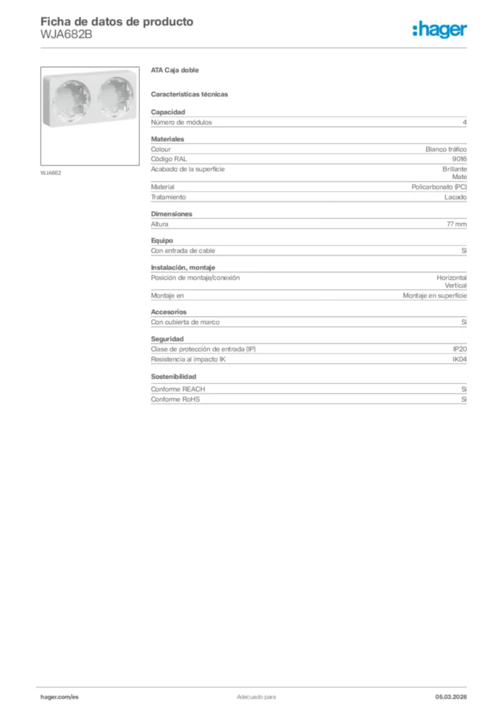 Imagen Hager Ficha de datos de producto WJA682B | Hager España