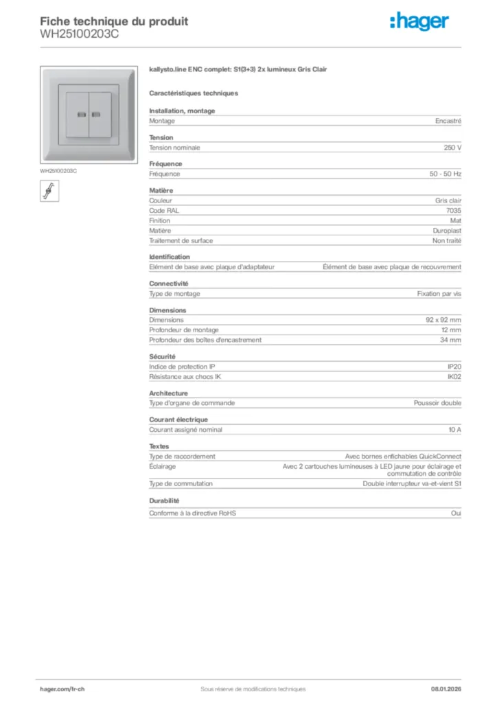 Image Hager Fiche technique du produit WH25100203C | Hager Suisse