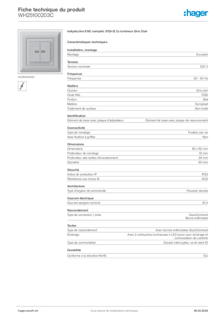 Image Hager Fiche technique du produit WH25100203C | Hager Suisse