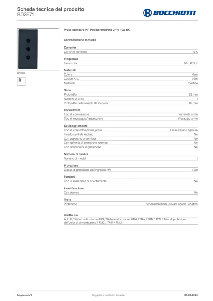Immagine Bocchiotti Scheda tecnica del prodotto B02871 | Hager Italia