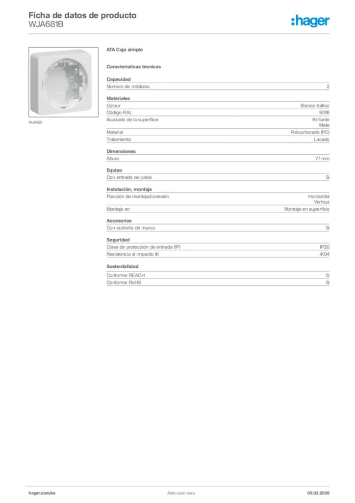 Imagen Hager Ficha de datos de producto WJA681B | Hager España