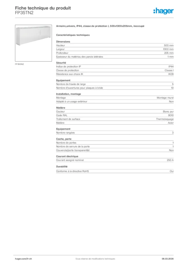 Image Hager Fiche technique du produit FP35TN2 | Hager Suisse