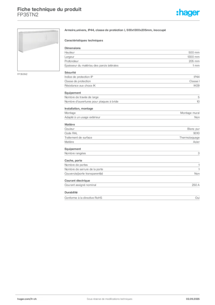 Image Hager Fiche technique du produit FP35TN2 | Hager Suisse