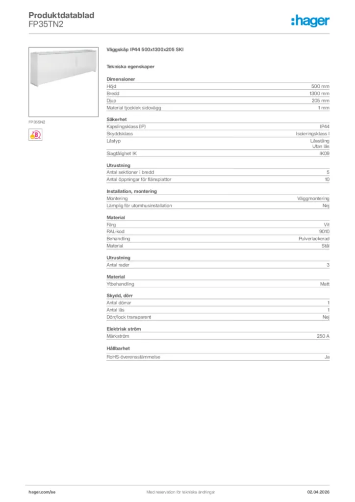 Bild Hager Produktdatablad FP35TN2 | Hager Sverige