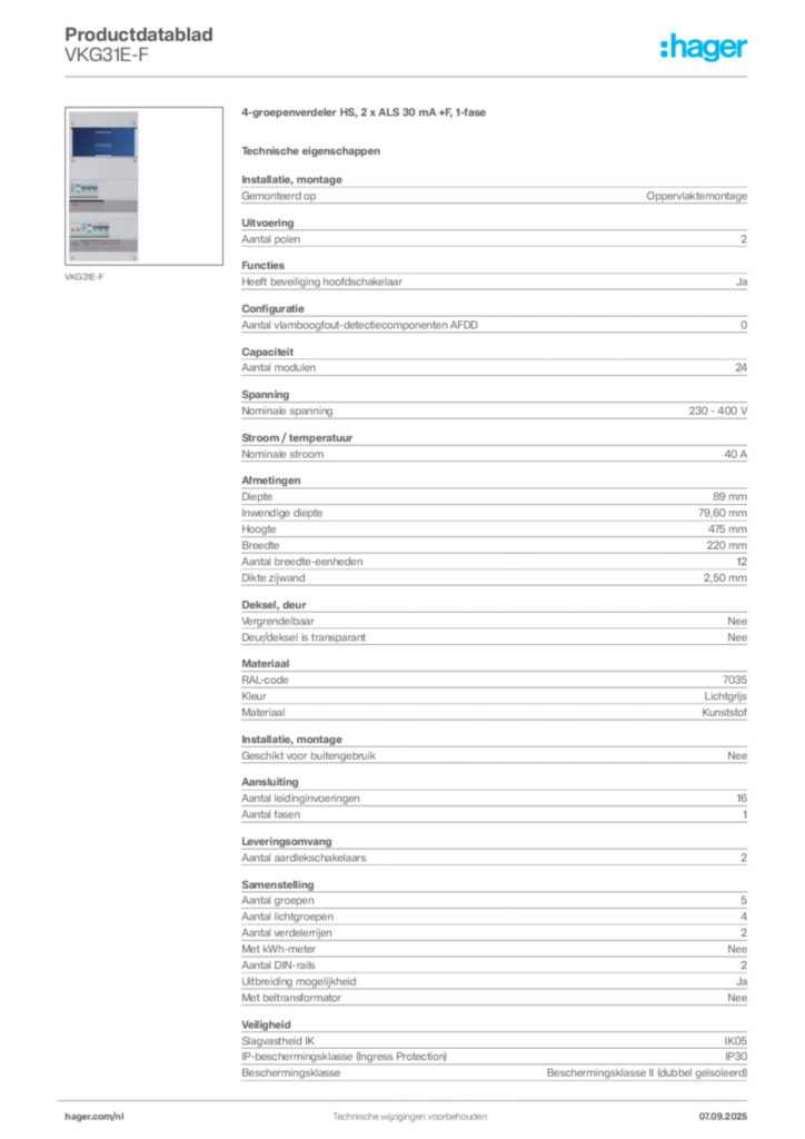 Afbeelding Hager Productdatablad VKG31E-F | Hager Nederland