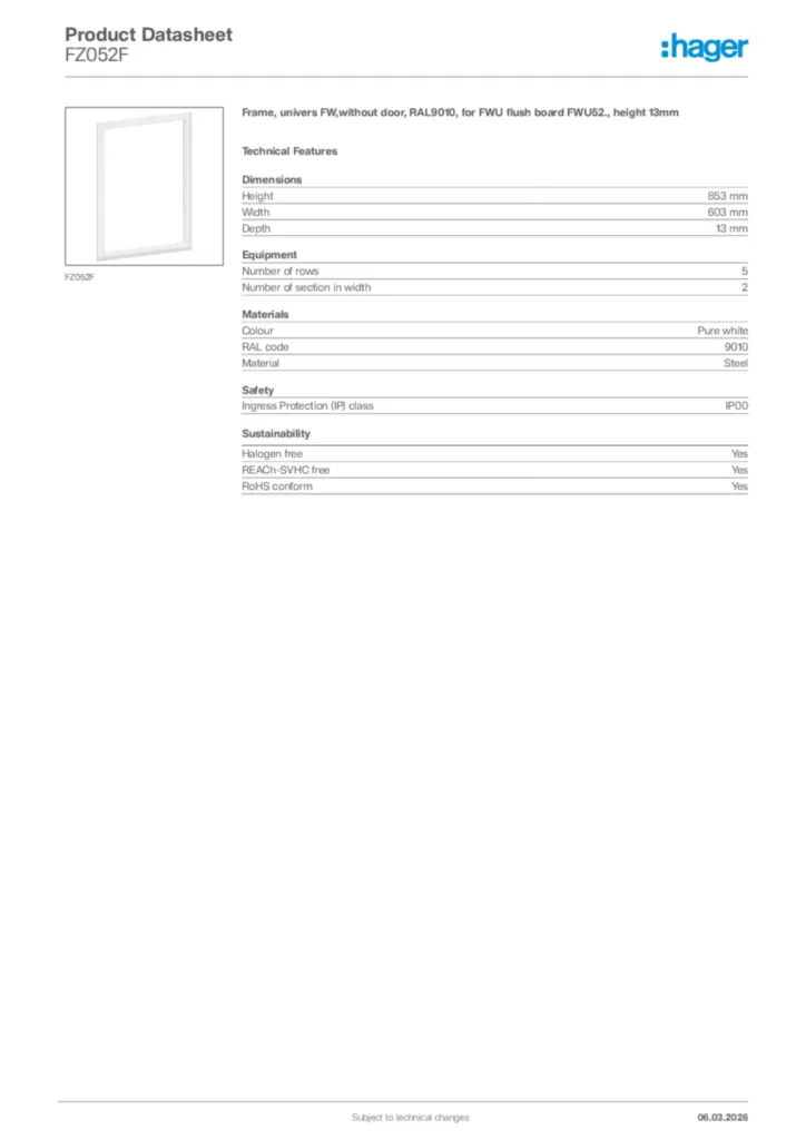 Image Hager Product data sheet FZ052F  | Hager Africa