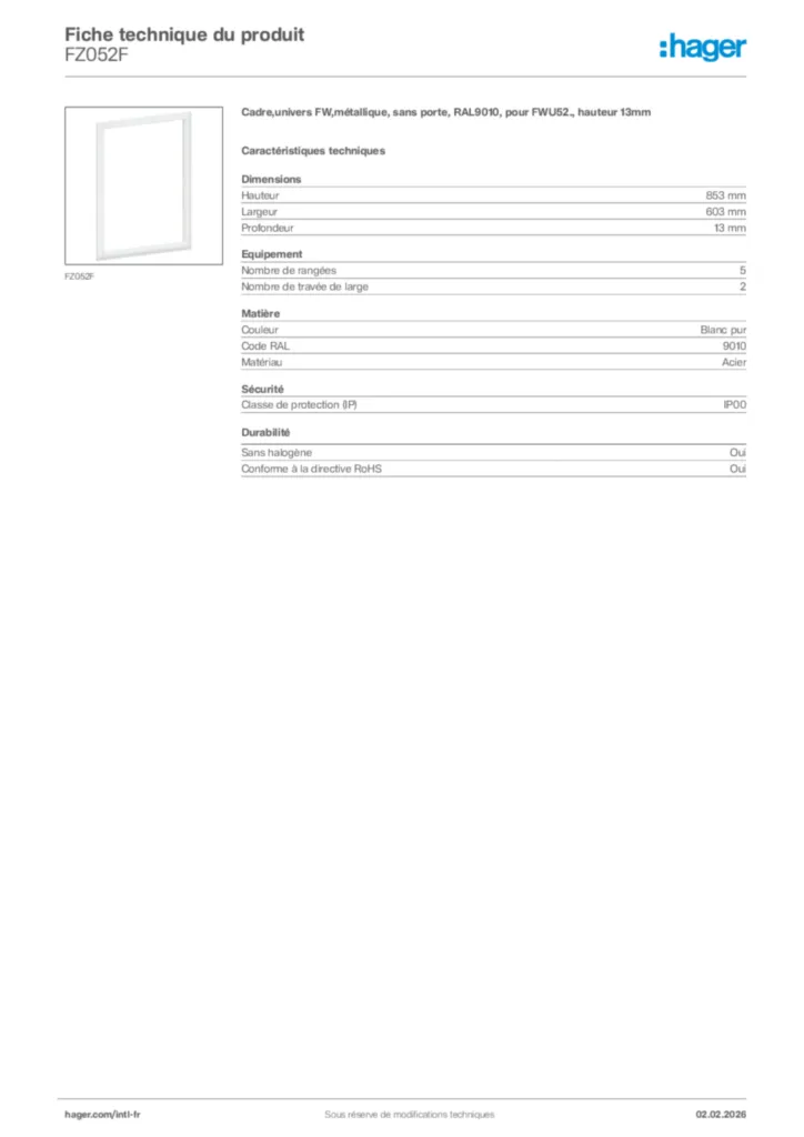 Image Hager Fiche technique du produit FZ052F | Hager Afrique