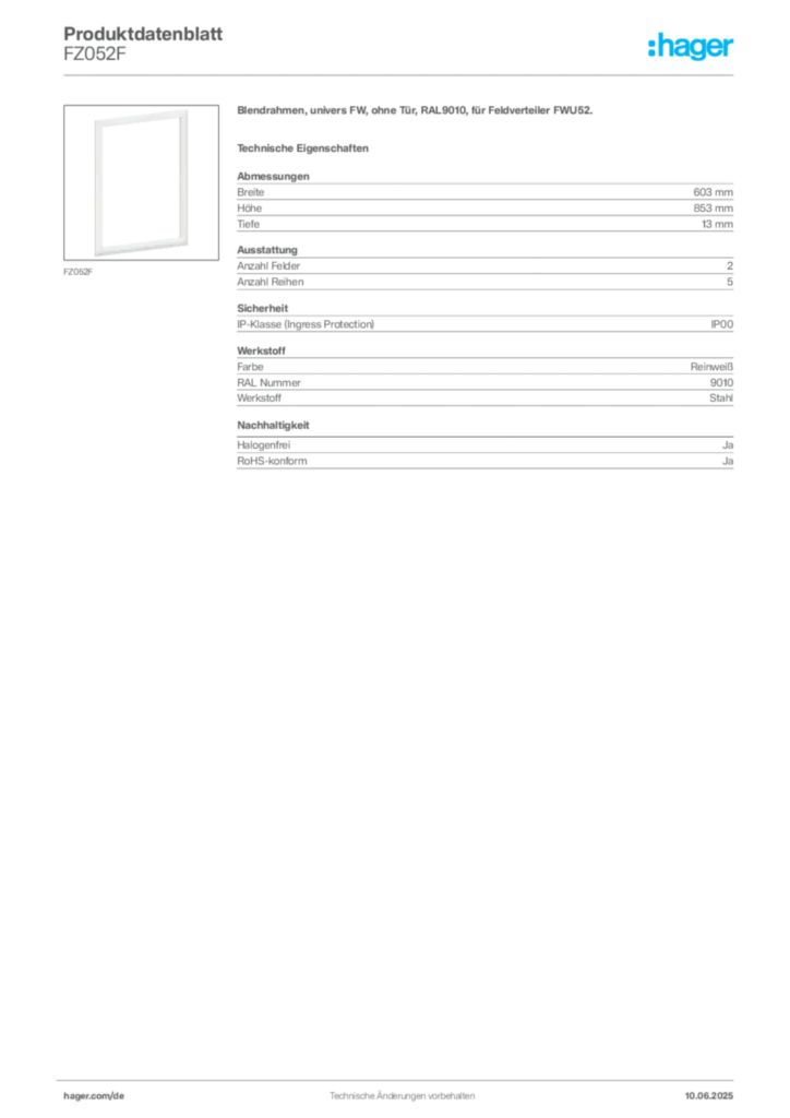 Bild Hager Produktdatenblatt FZ052F | Hager Deutschland