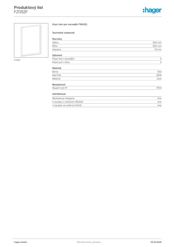 Obrázek Hager Product data sheet FZ052F | Hager