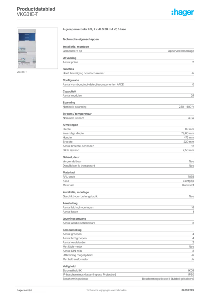 Afbeelding Hager Productdatablad VKG31E-T | Hager Nederland