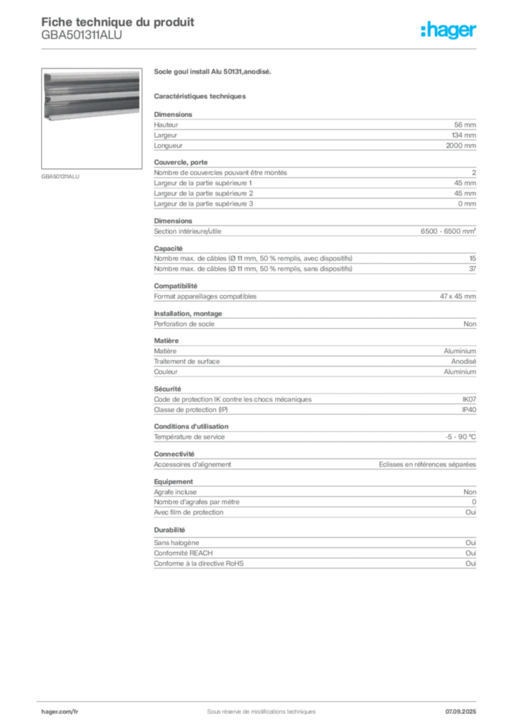Image Hager Fiche technique du produit GBA501311ALU | Hager France