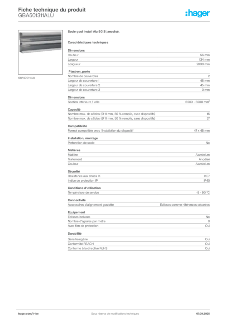 Image Hager Fiche technique du produit GBA501311ALU | Hager Belgique