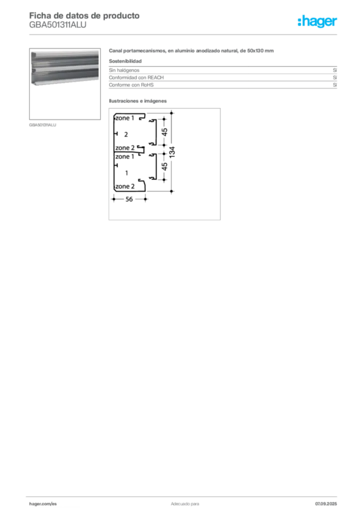 Imagen Hager Ficha de datos de producto GBA501311ALU | Hager España