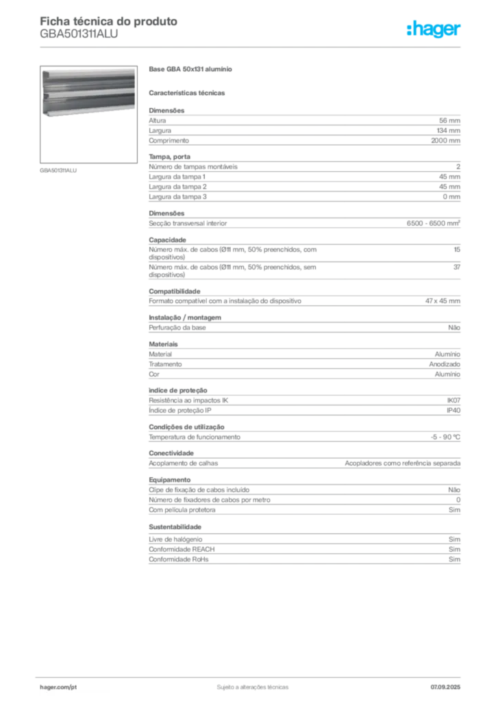 Imagem Hager Ficha técnica do produto GBA501311ALU | Hager Portugal