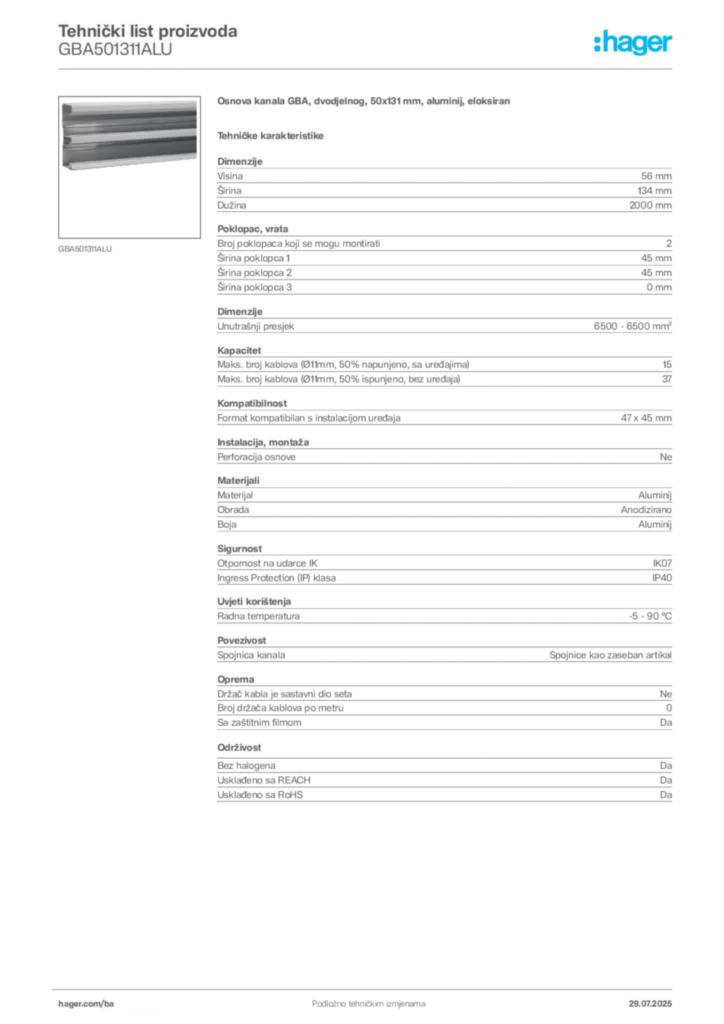 Slika Hager Product data sheet GBA501311ALU  | Hager