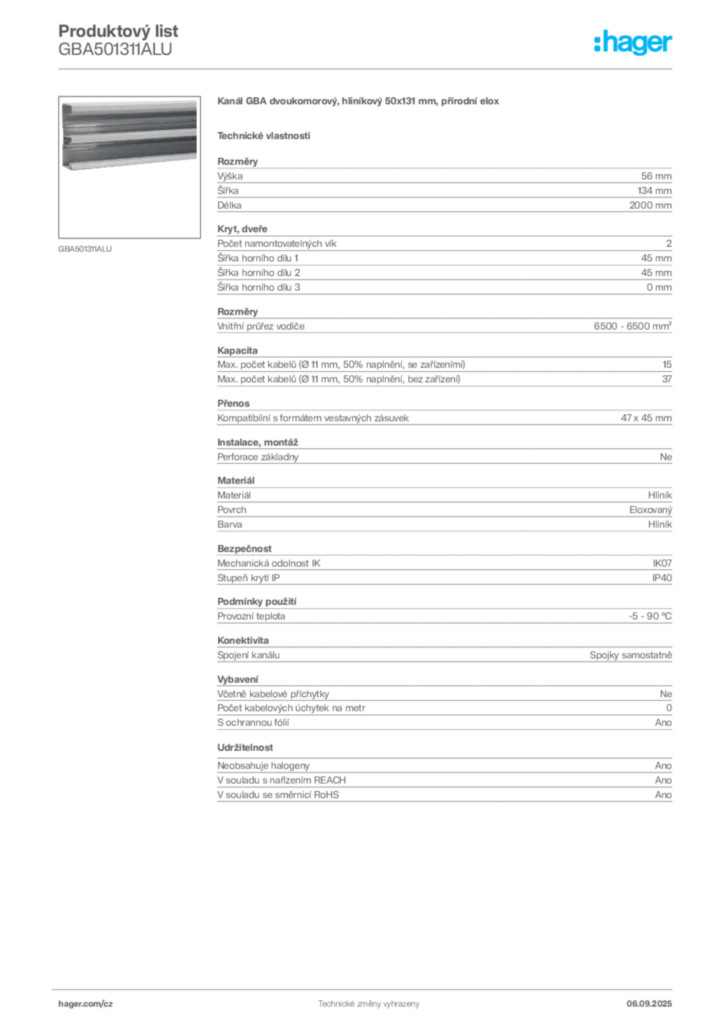 Obrázek Hager Produktový list GBA501311ALU | Hager