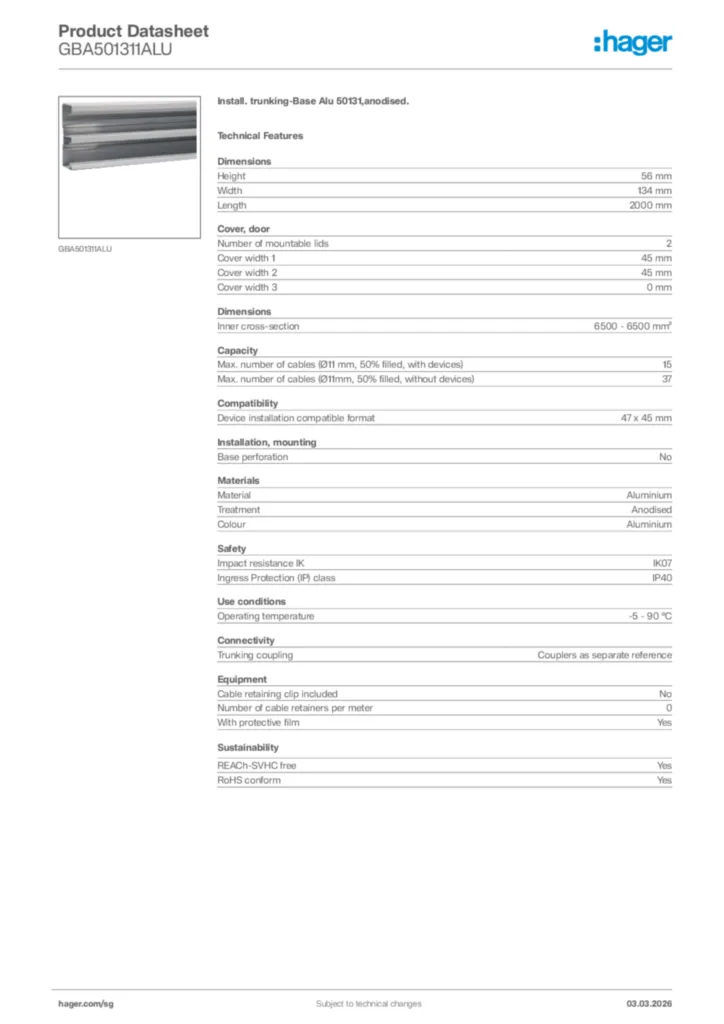Image Hager Product data sheet GBA501311ALU  | Hager