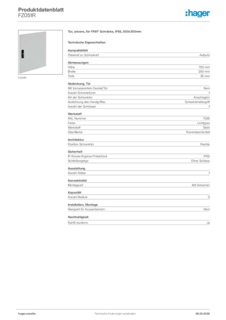 Bild Hager Produktdatenblatt FZ051R | Hager Deutschland