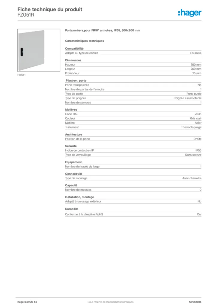 Image Hager Fiche technique du produit FZ051R | Hager Belgique