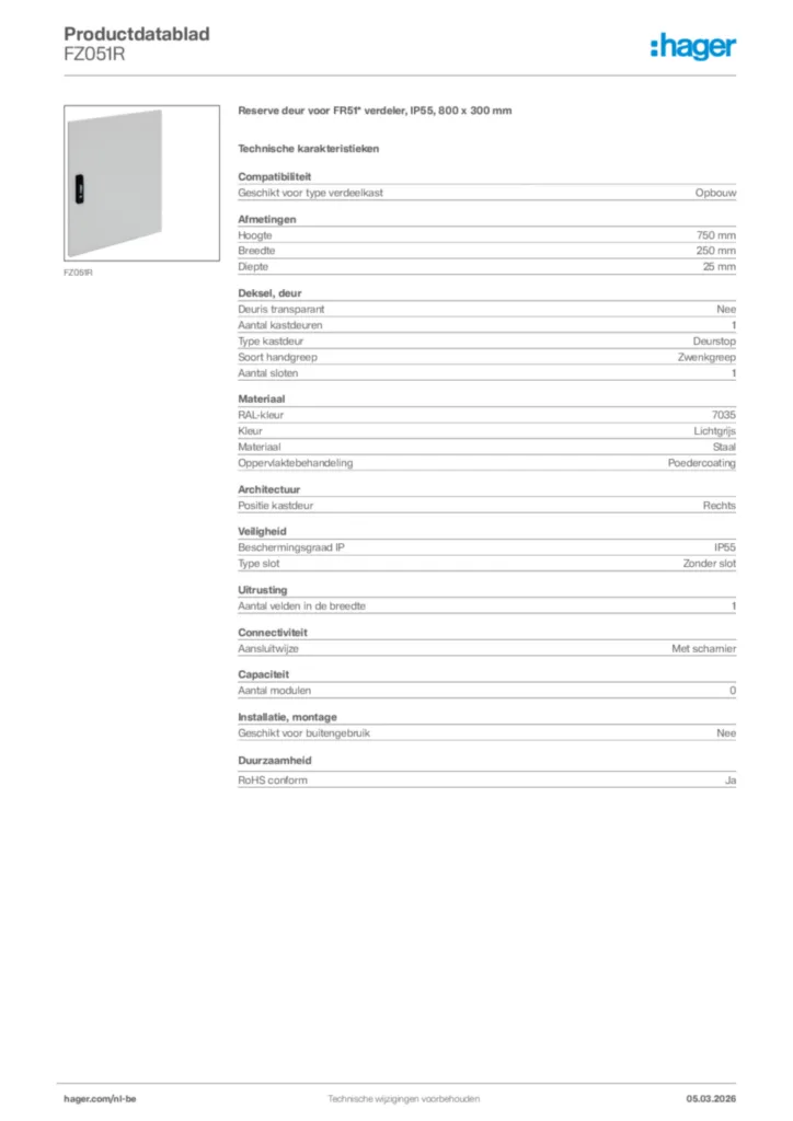 Afbeelding Hager Productdatablad FZ051R | Hager Belgium