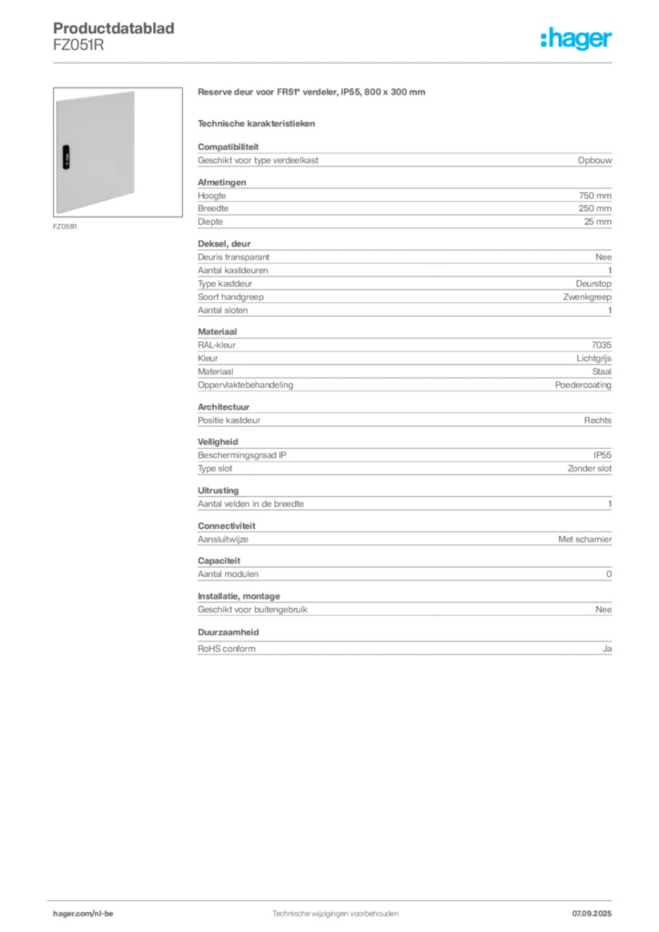 Afbeelding Hager Productdatablad FZ051R | Hager Belgium