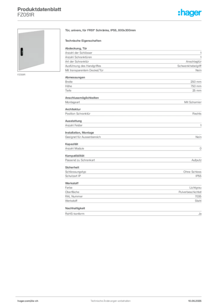 Bild Hager Produktdatenblatt FZ051R | Hager Schweiz