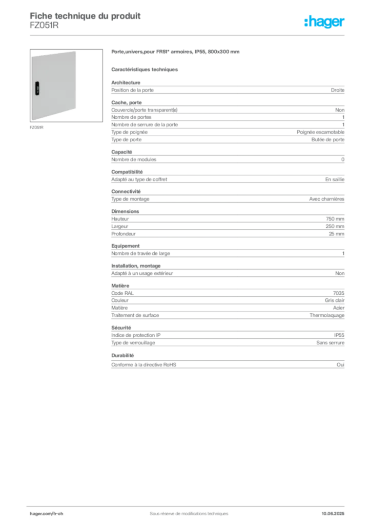 Image Hager Fiche technique du produit FZ051R | Hager Suisse