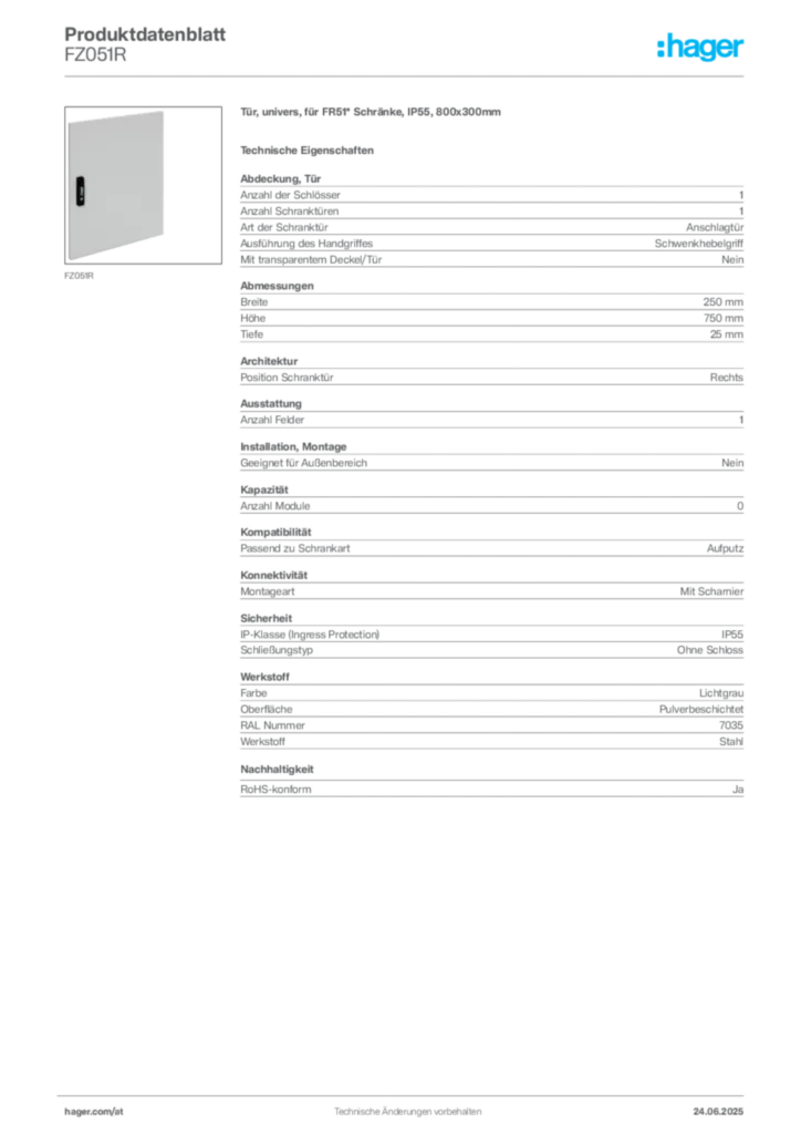 Bild Hager Produktdatenblatt FZ051R | Hager Deutschland