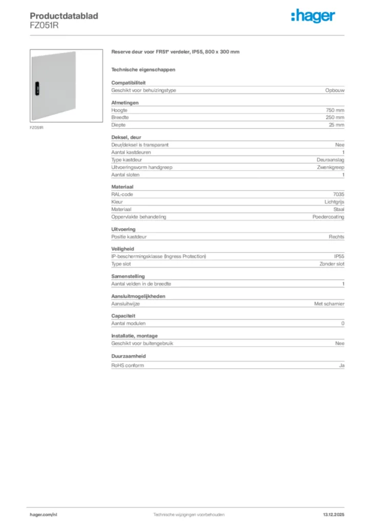 Afbeelding Hager Productdatablad FZ051R | Hager Nederland