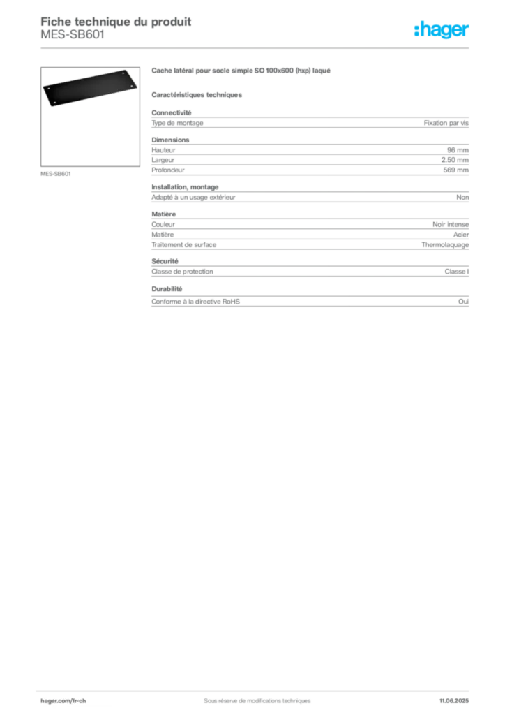 Image Hager Fiche technique du produit MES-SB601 | Hager Suisse