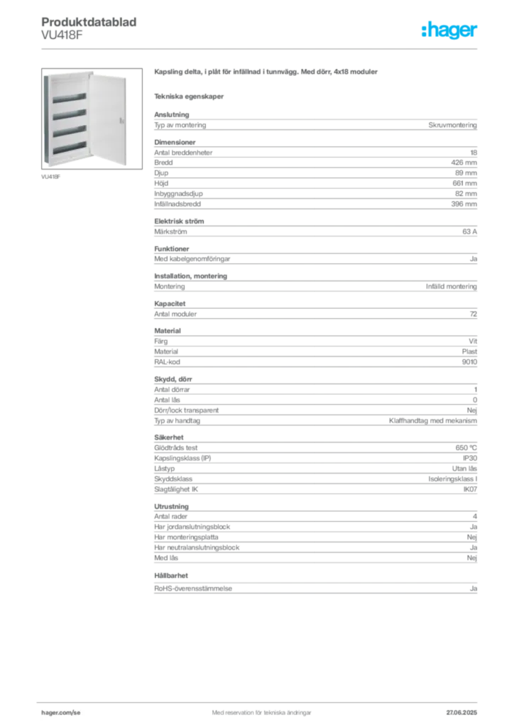 Bild Hager Produktdatablad VU418F | Hager Sverige