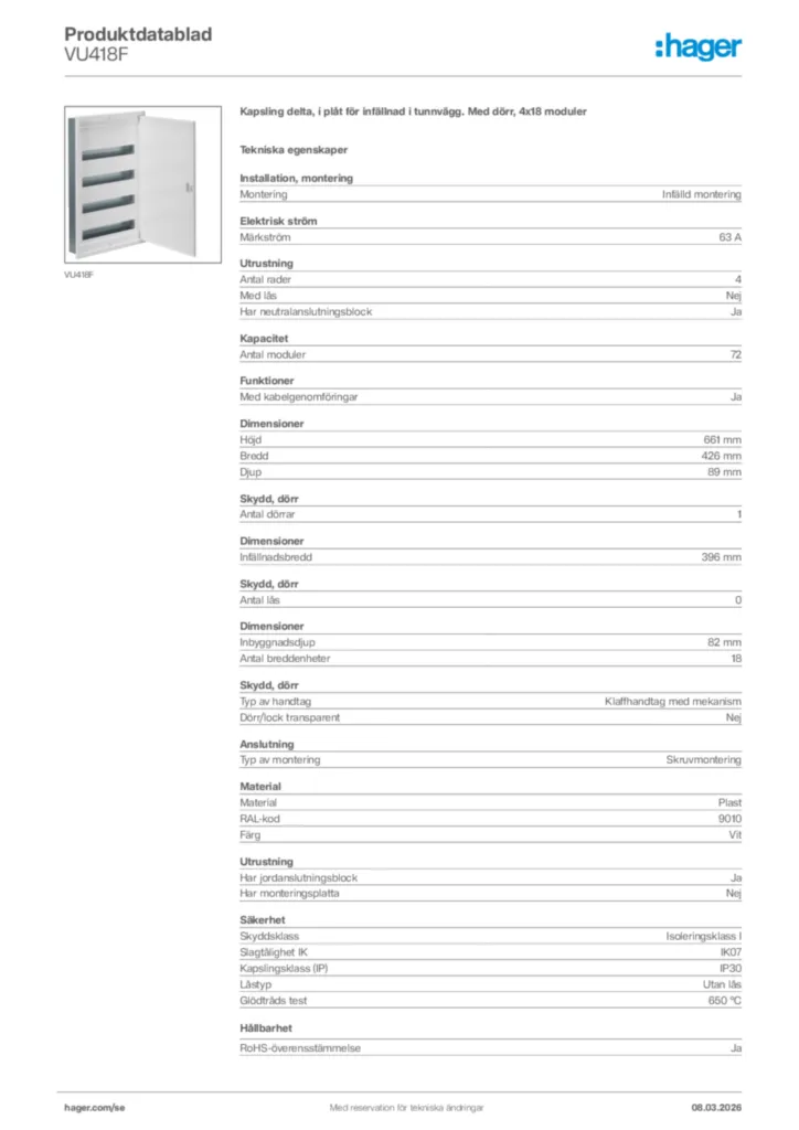 Bild Hager Produktdatablad VU418F | Hager Sverige