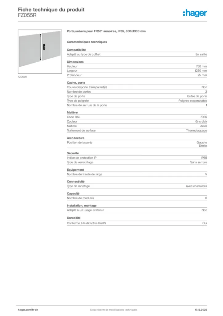Image Hager Fiche technique du produit FZ055R | Hager Suisse
