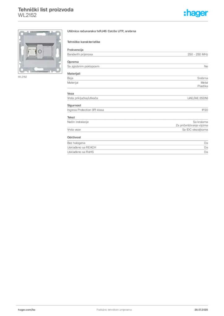 Slika Hager Product data sheet WL2152  | Hager